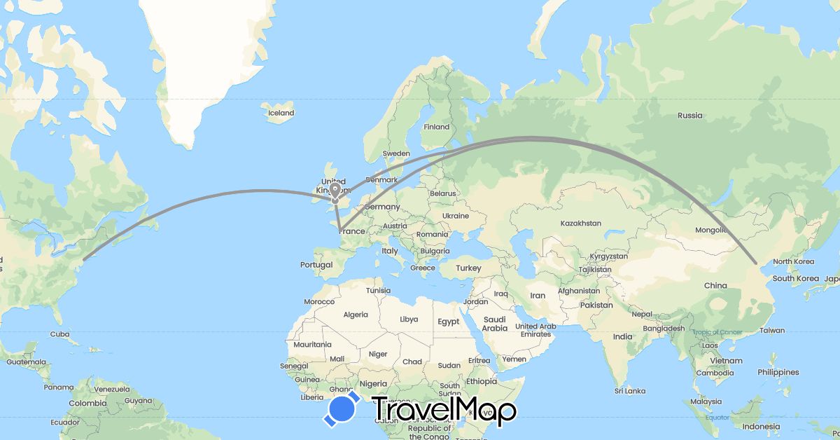 TravelMap itinerary: driving, plane in China, France, United Kingdom, Russia, United States (Asia, Europe, North America)